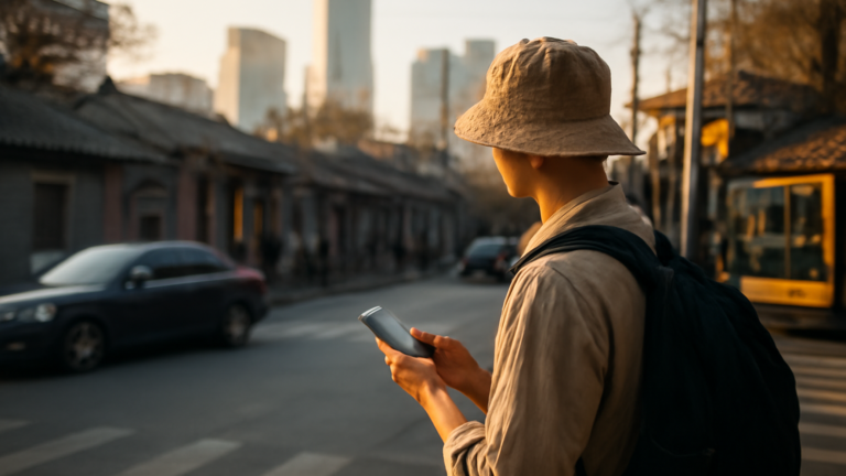 Wisatawan memegang ponsel di sudut jalan Beijing dengan latar gang hutong