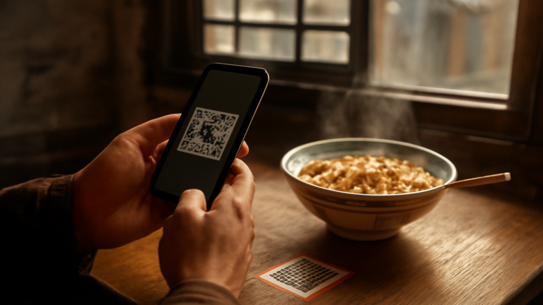 Turis memindai kode QR di meja warung mie di gang hutong Beijing