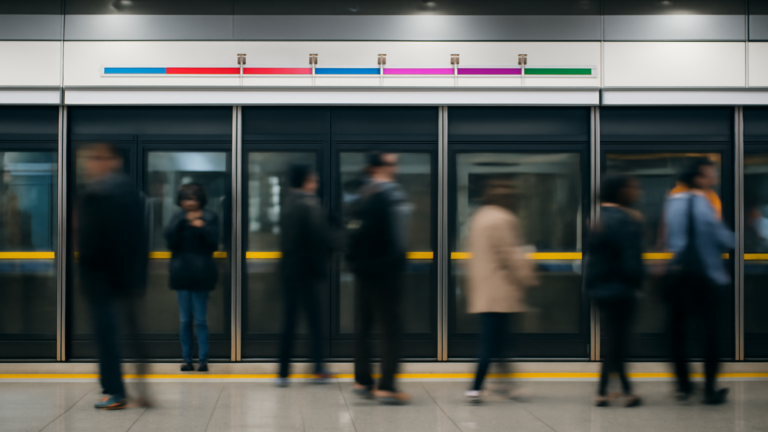 Peron subway Beijing dengan papan penunjuk jalur dan penumpang menunggu di balik garis kuning
