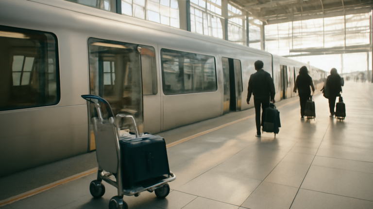 Peron kereta bandara Beijing dengan kereta silver dan penumpang membawa koper
