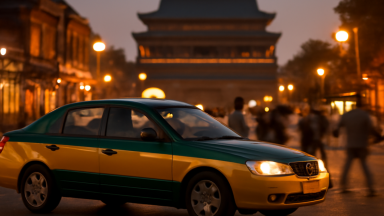 Taksi hijau-kuning melintas di jalan Beijing saat senja