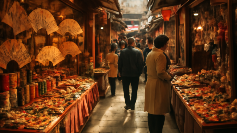 Deretan kios suvenir di pasar Beijing dengan aneka barang khas untuk oleh-oleh