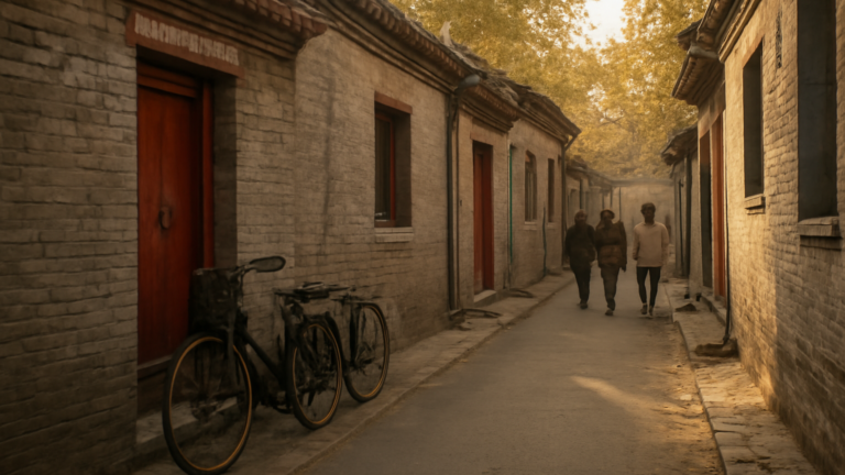 Gang hutong sempit di kota tua Beijing pada pagi hari dengan dinding bata abu-abu dan pintu kayu merah