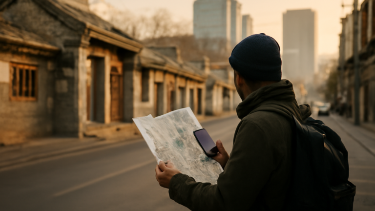 Wisatawan pemula membaca peta di sudut jalan Beijing pada pagi hari